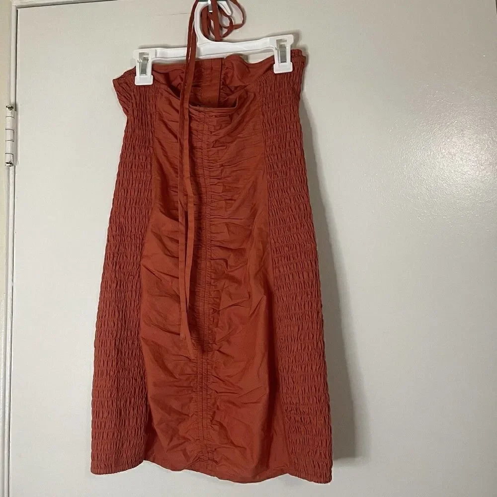 Free People Orange bodycon cinched strapless button down dress XS